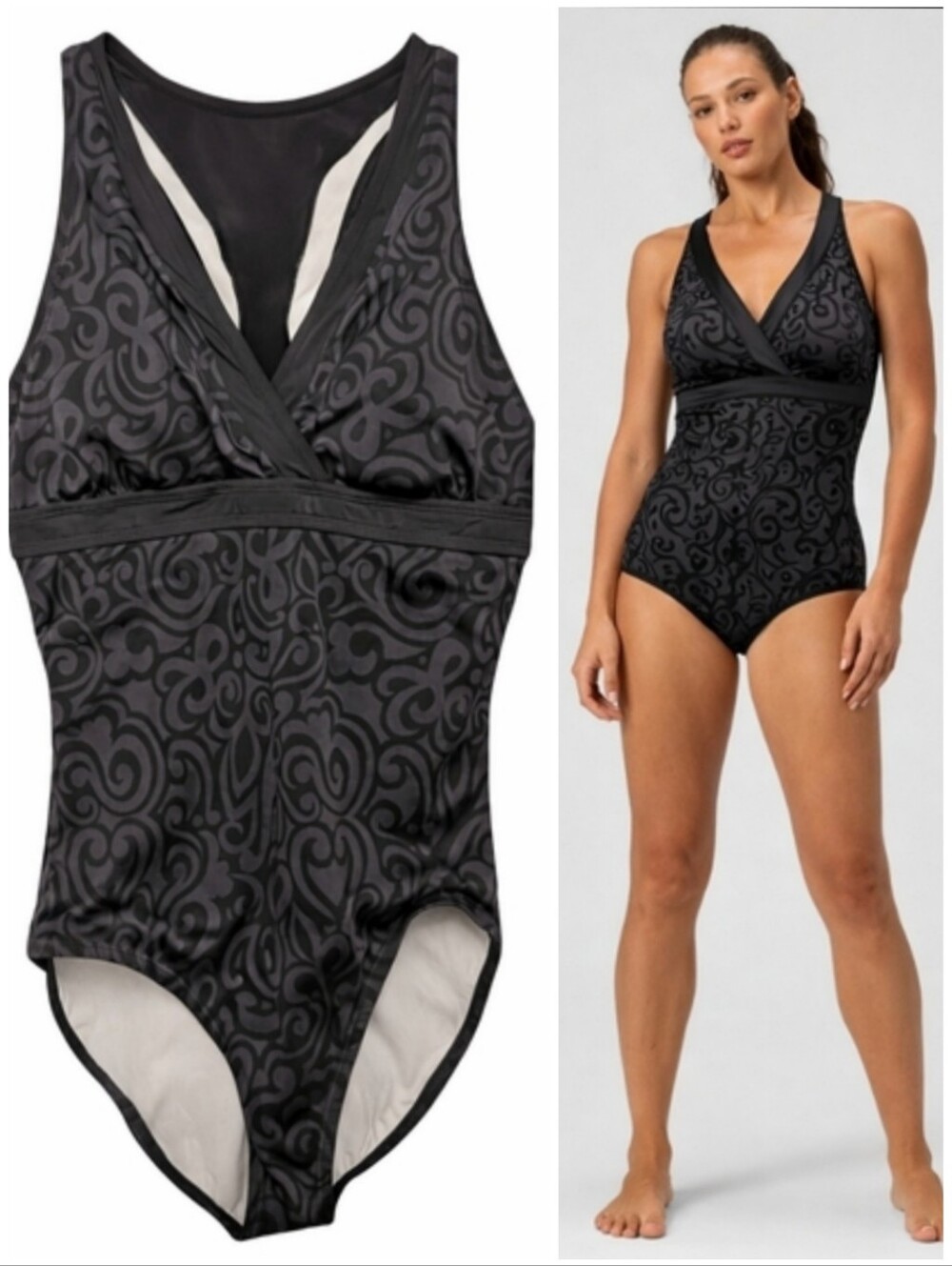 NIKE One Piece Swimsuit Racerback V-Neck Grey Black Swirl Print 14